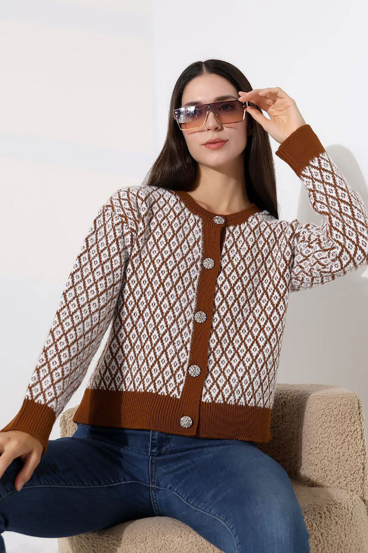 Cinnamon Coffee Square Line Patterned Buttoned Cardigan BCES-252004 - East Los Angeles