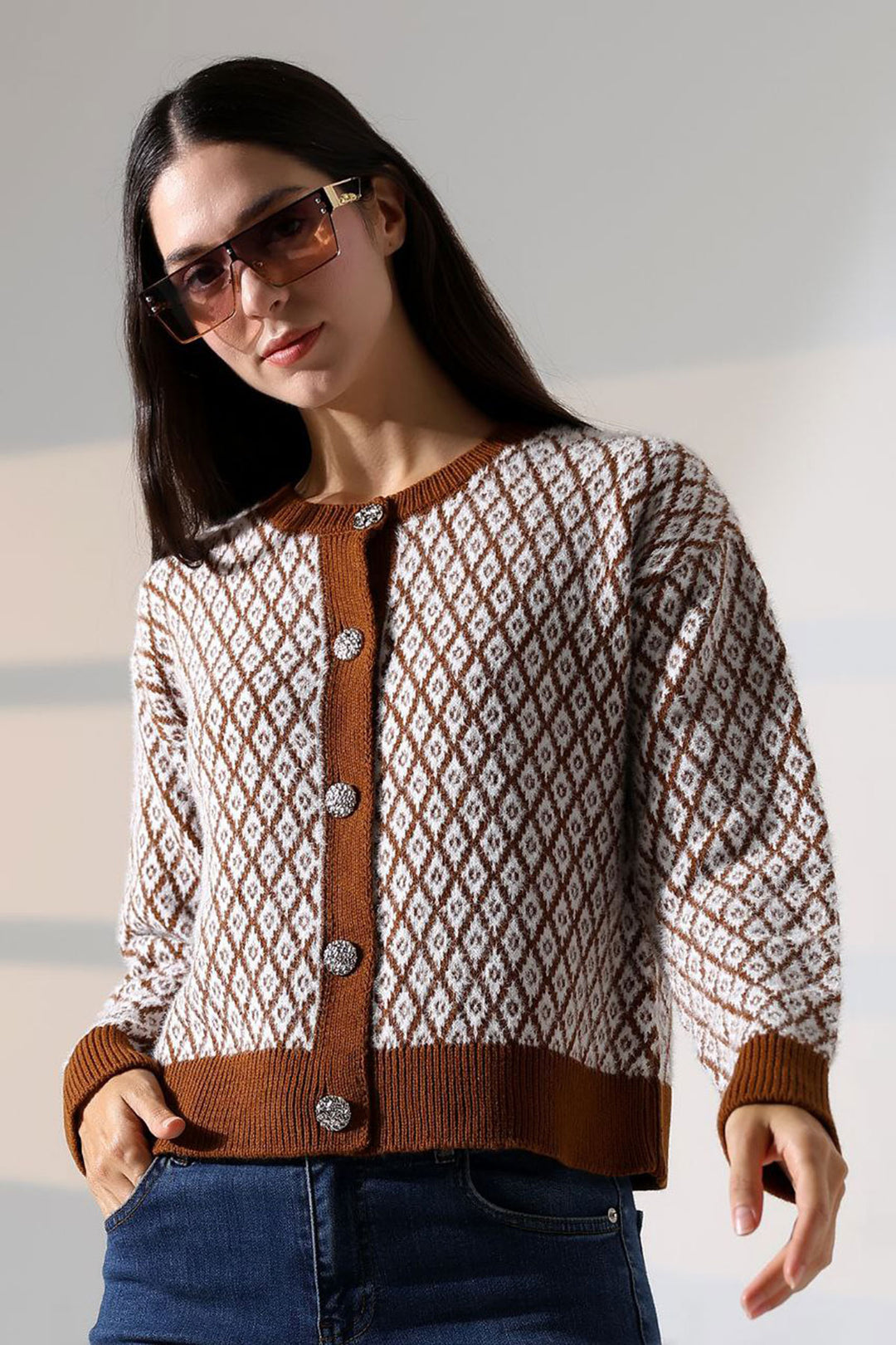 Cinnamon Coffee Square Line Patterned Buttoned Cardigan BCES-252004 - East Los Angeles