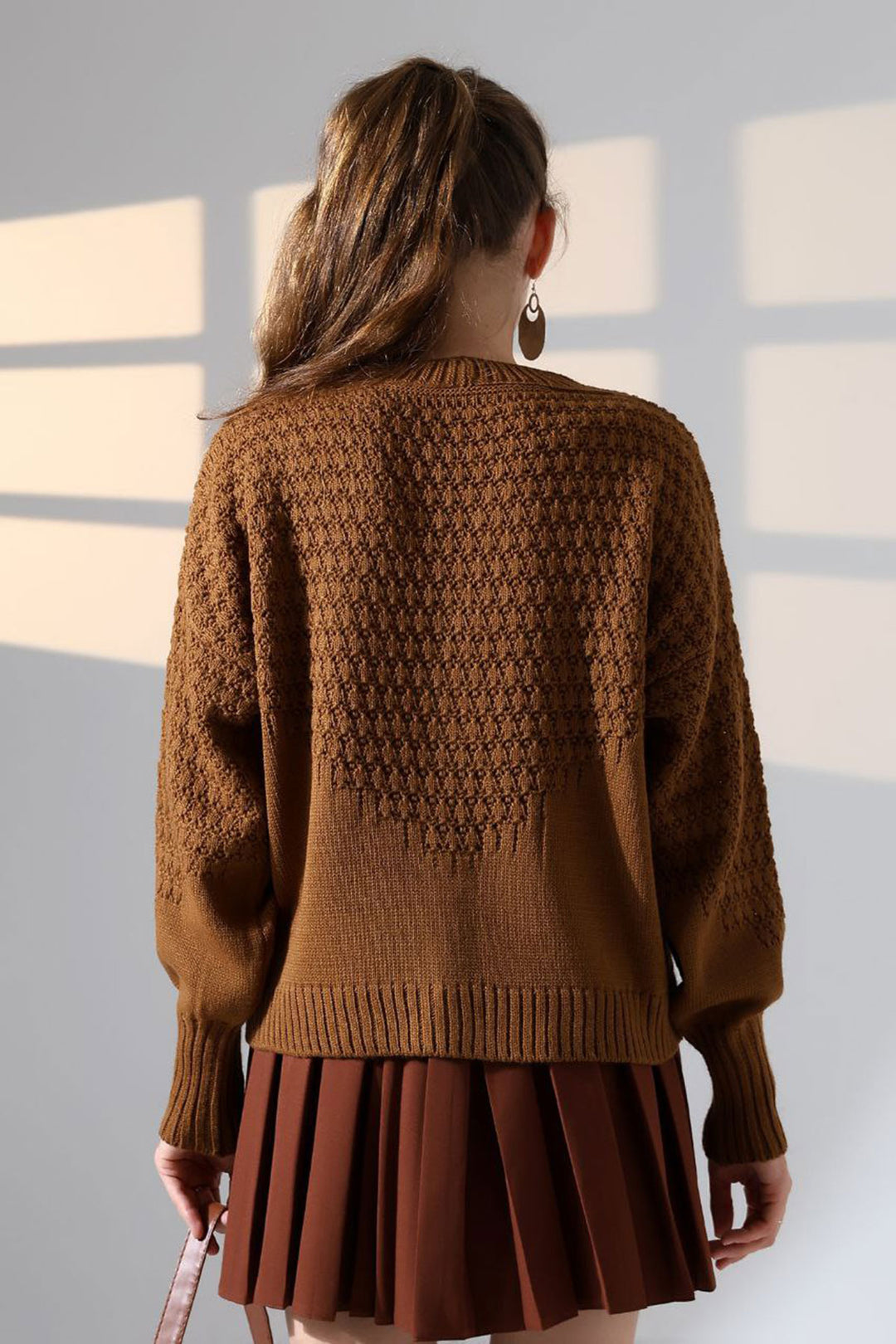 Cinnamon Coffee Patterned Buttoned Cardigan BCES-252027 - Horad Zhodzina