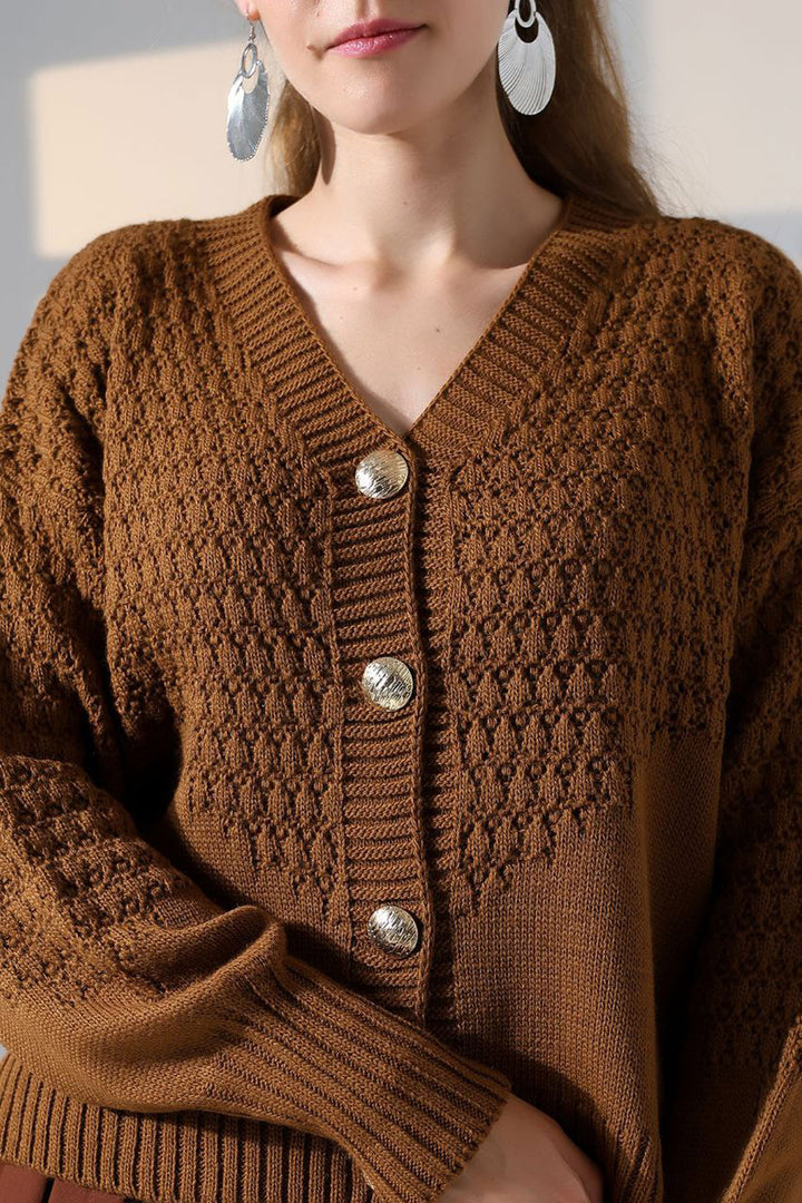 Cinnamon Coffee Patterned Buttoned Cardigan BCES-252027 - Horad Zhodzina
