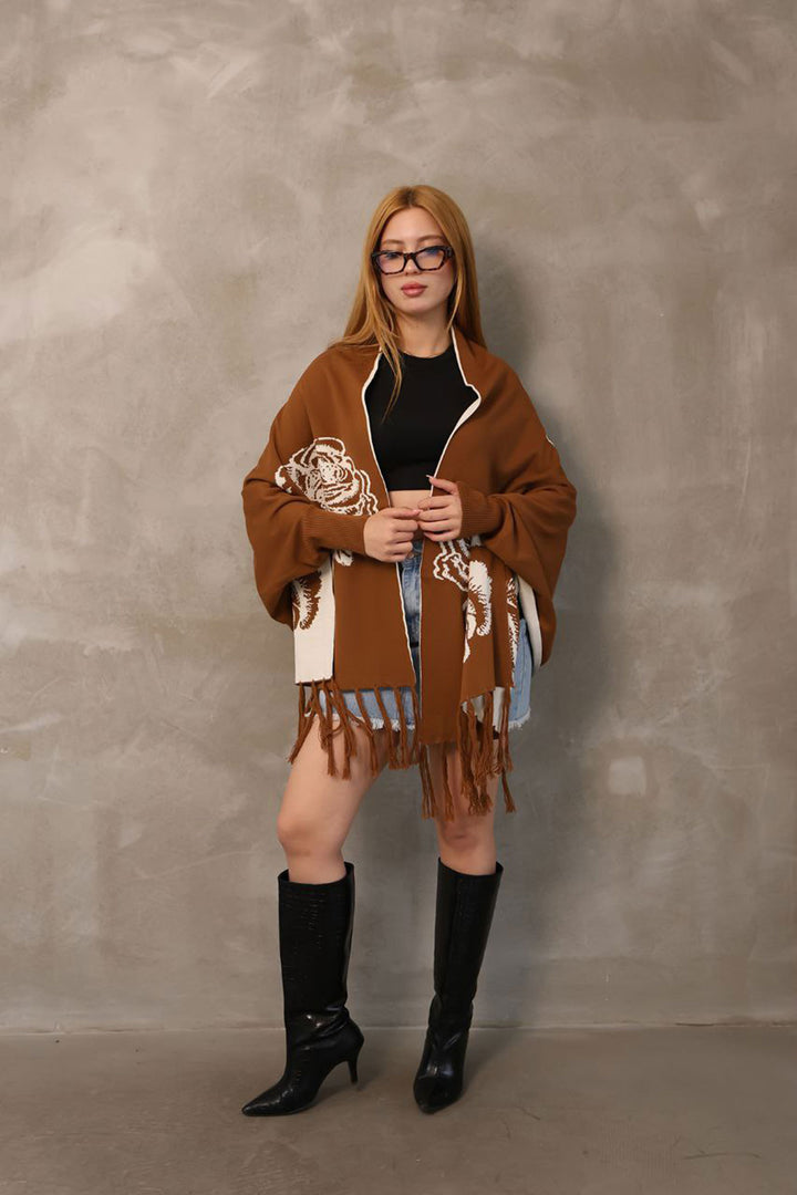 Cinnamon Coffee Patterned Knitted Shawl BCES-252003 - Leicester