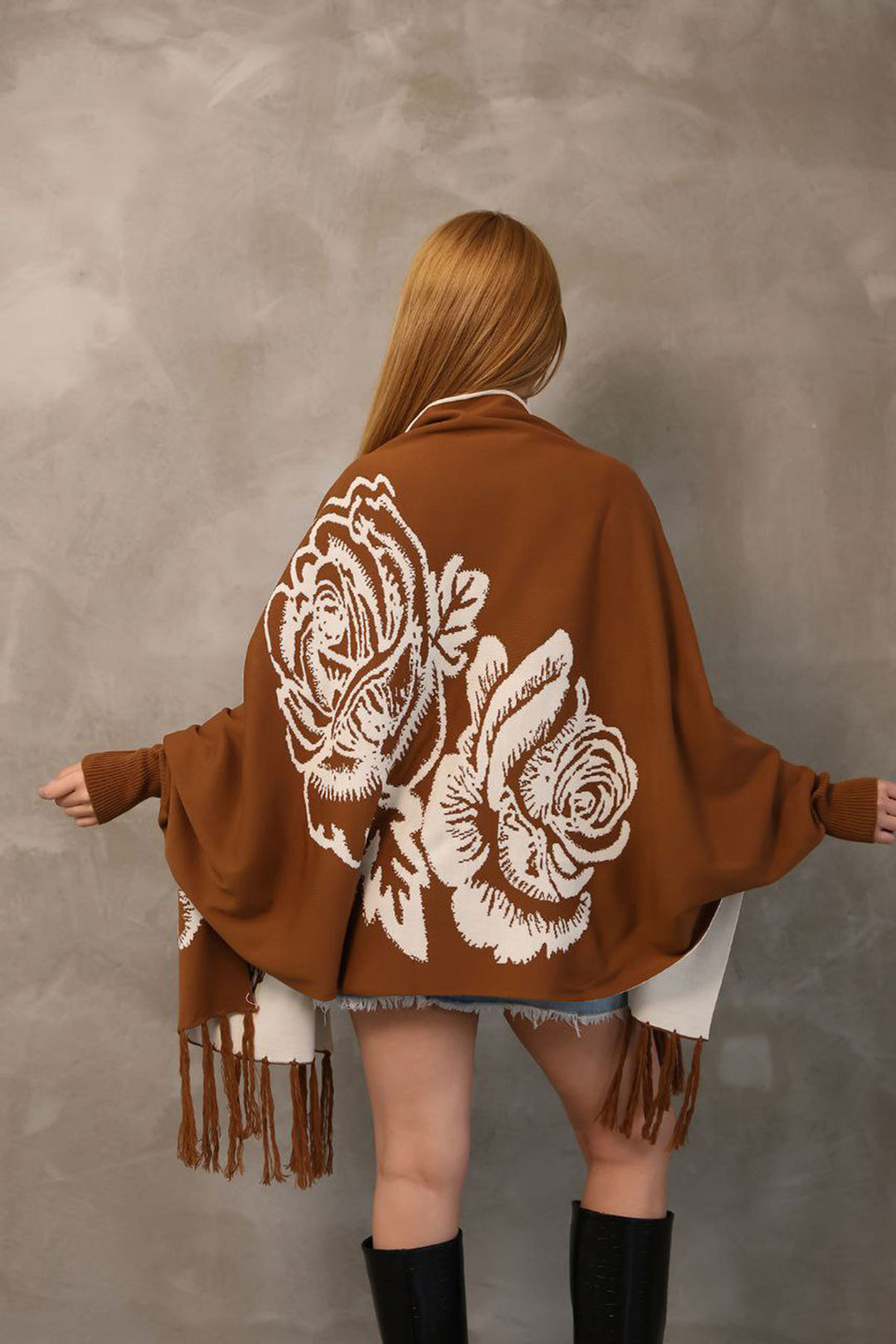Cinnamon Coffee Patterned Knitted Shawl BCES-252003 - Leicester
