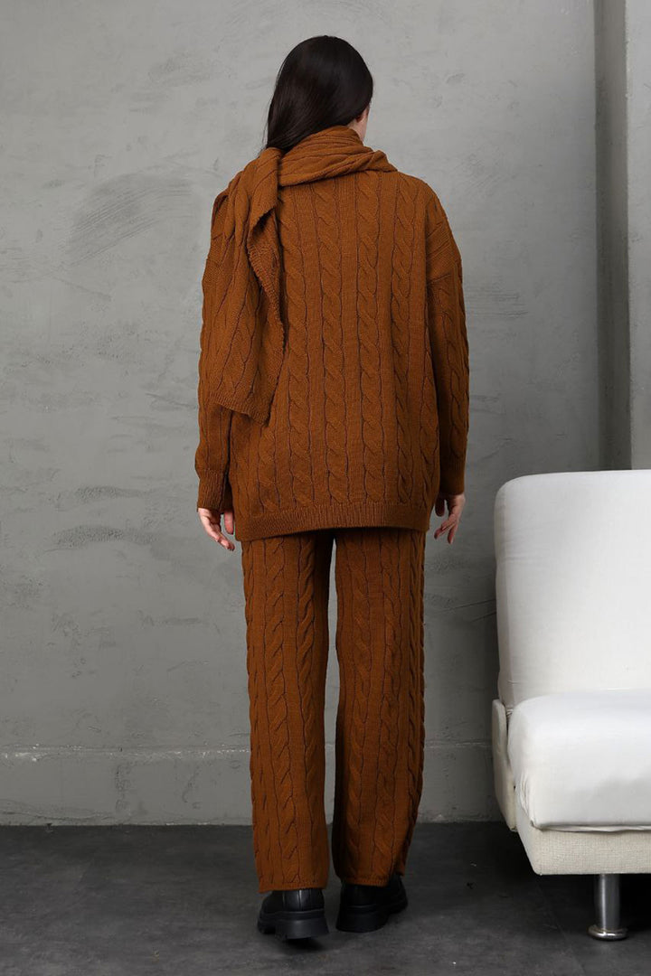 Cinnamon Coffee Knitted Sweater Cardigan and Pants 3 Piece Knit Set BCES-252031 - Wellington