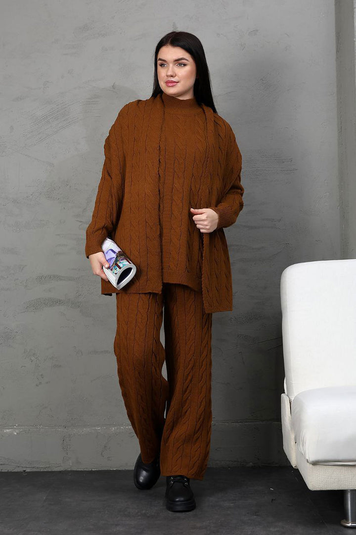 Cinnamon Coffee Knitted Sweater Cardigan and Pants 3 Piece Knit Set BCES-252031 - Wellington
