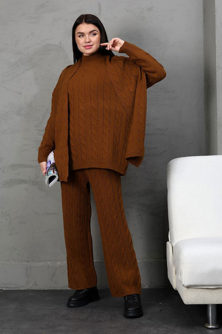 Cinnamon Coffee Knitted Sweater Cardigan and Pants 3 Piece Knit Set BCES-252031 - Wellington