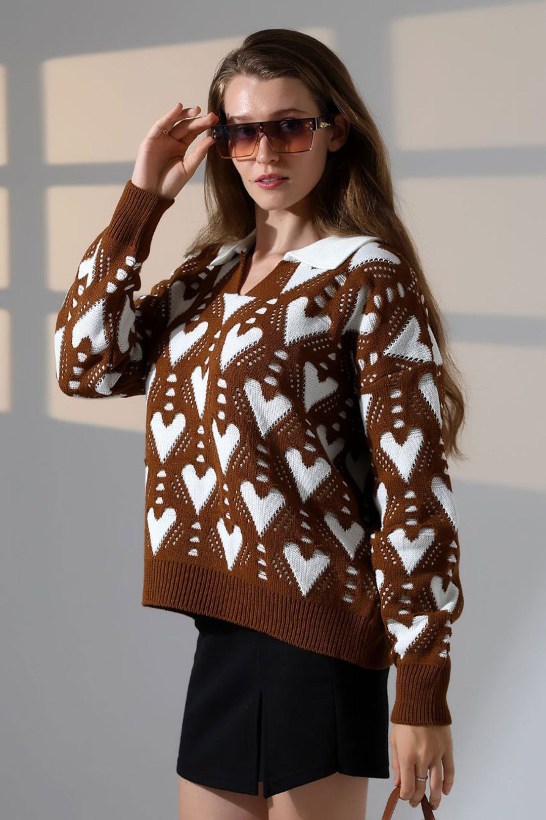 Cinnamon Coffee Polo Neck Heart Patterned Sweater BCES-252026 - Dewsbury