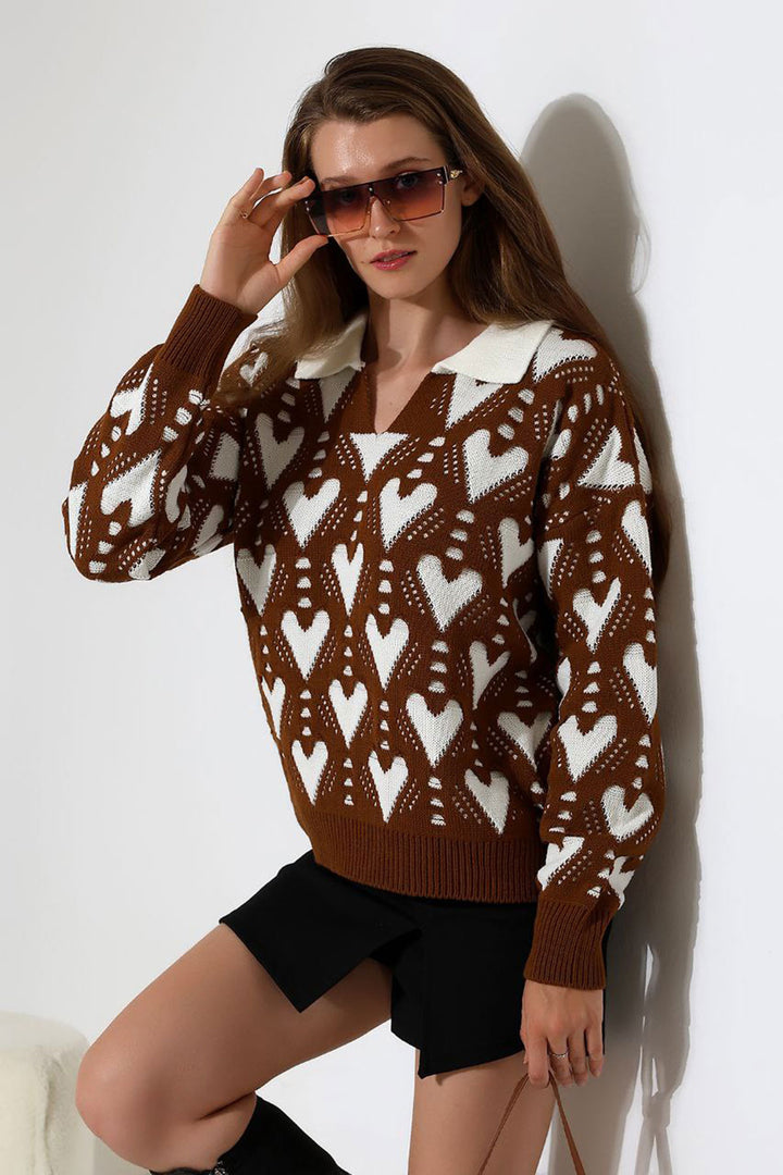 Cinnamon Coffee Polo Neck Heart Patterned Sweater BCES-252026 - Dewsbury