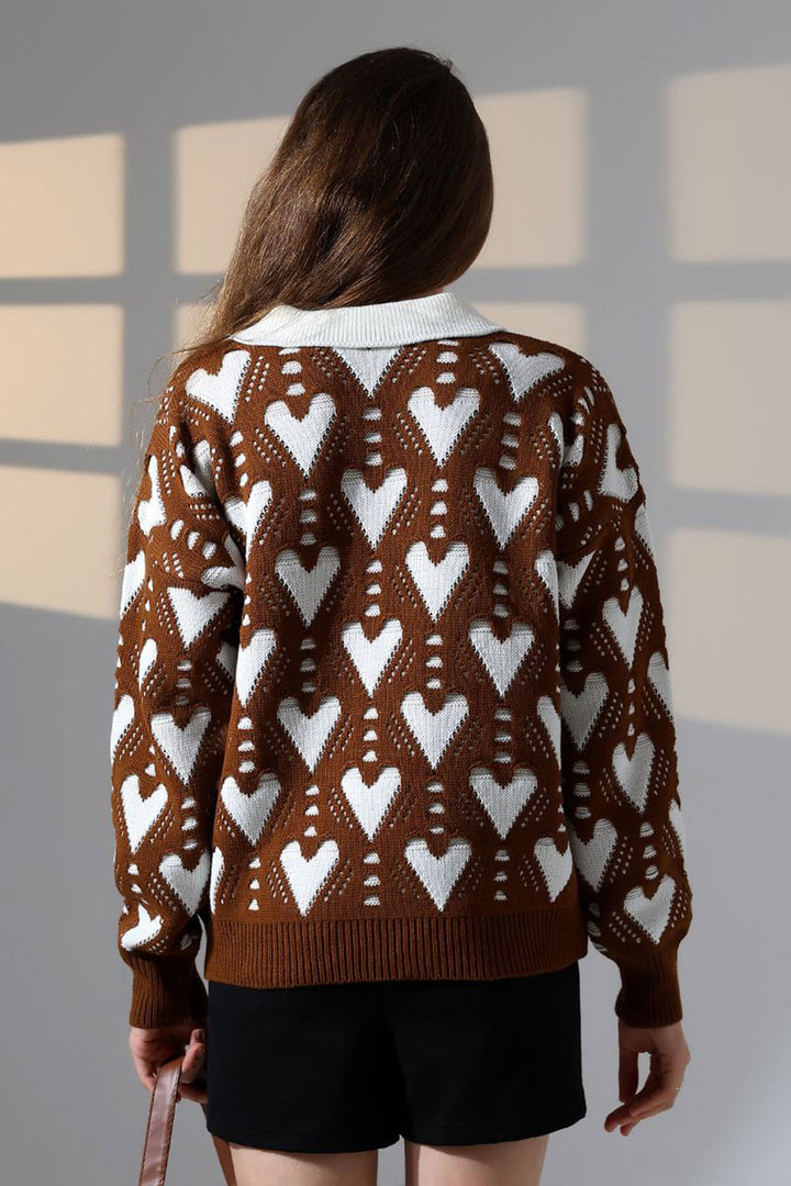 Cinnamon Coffee Polo Neck Heart Patterned Sweater BCES-252026 - Dewsbury