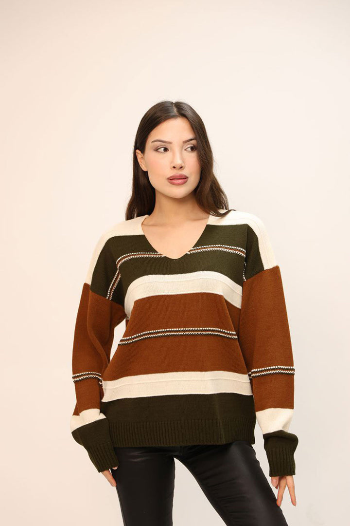 Cinnamon Coffee V-Neck Striped Block Knit Sweater BCES-252018 - Battipaglia