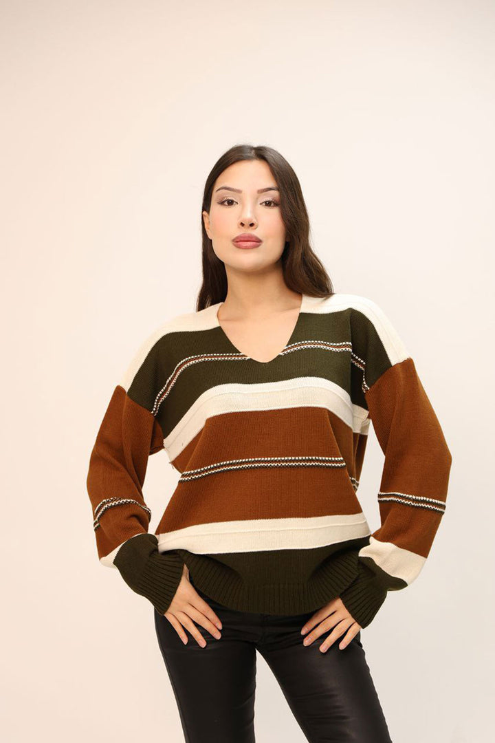 Cinnamon Coffee V-Neck Striped Block Knit Sweater BCES-252018 - Battipaglia
