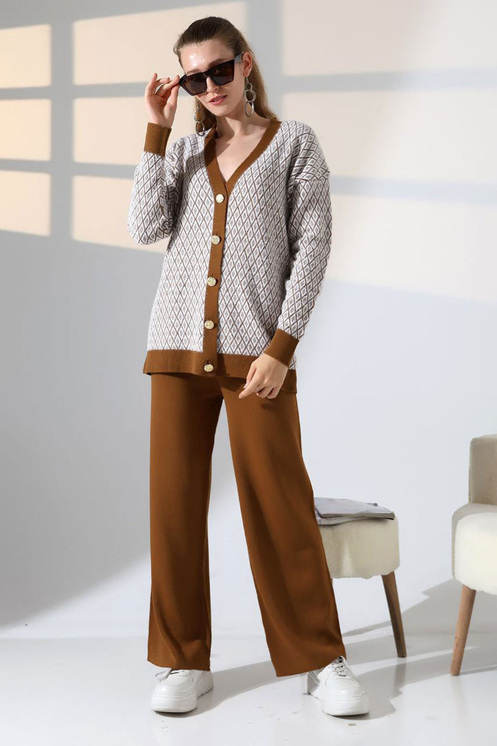 Cinnamon Coffee V-Neck Buttoned Cardigan and Pants Top Bottom T-Shirt Set BCES-252011 - Essex