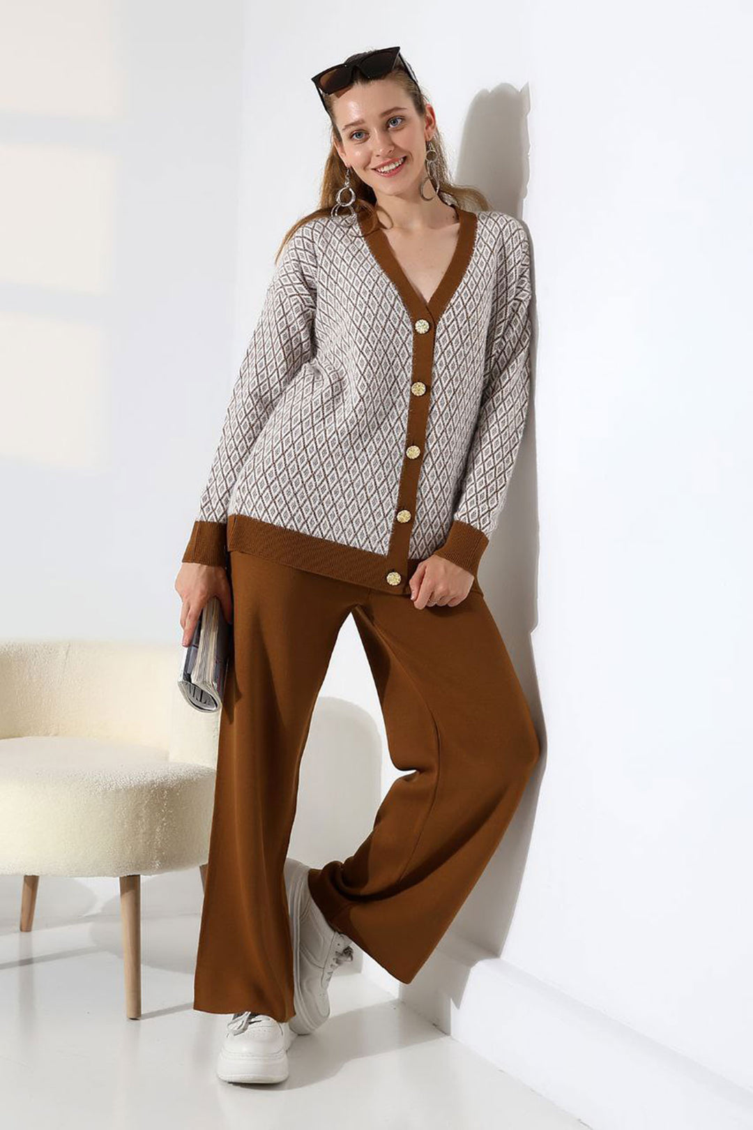 Cinnamon Coffee V-Neck Buttoned Cardigan and Pants Top Bottom T-Shirt Set BCES-252011 - Essex