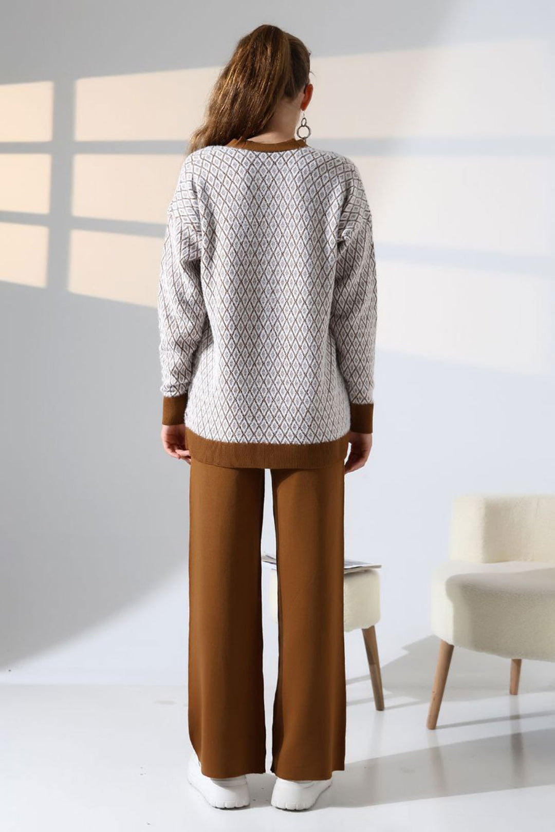 Cinnamon Coffee V-Neck Buttoned Cardigan and Pants Top Bottom T-Shirt Set BCES-252011 - Essex