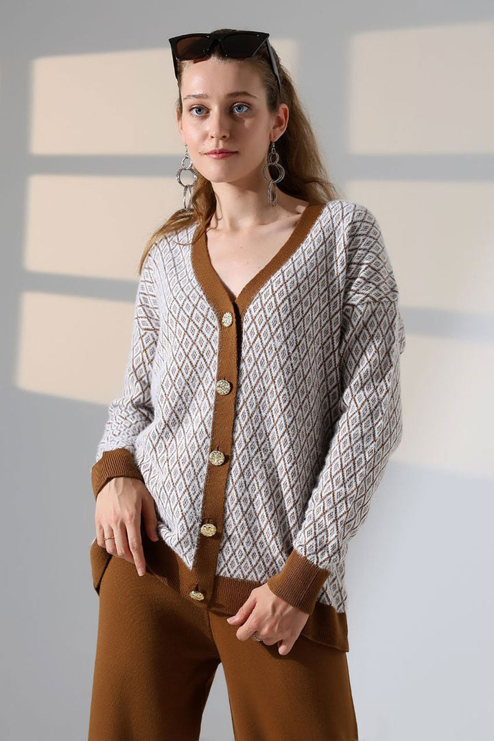 Cinnamon Coffee V-Neck Buttoned Cardigan and Pants Top Bottom T-Shirt Set BCES-252011 - Essex