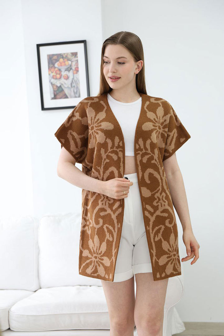 Cinnamon Coffee Half Sleeve Patterned Knit Cardigan BCES-252007 - Drogheda