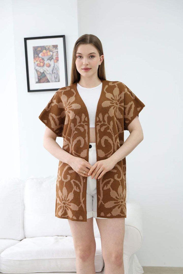 Cinnamon Coffee Half Sleeve Patterned Knit Cardigan BCES-252007 - Drogheda