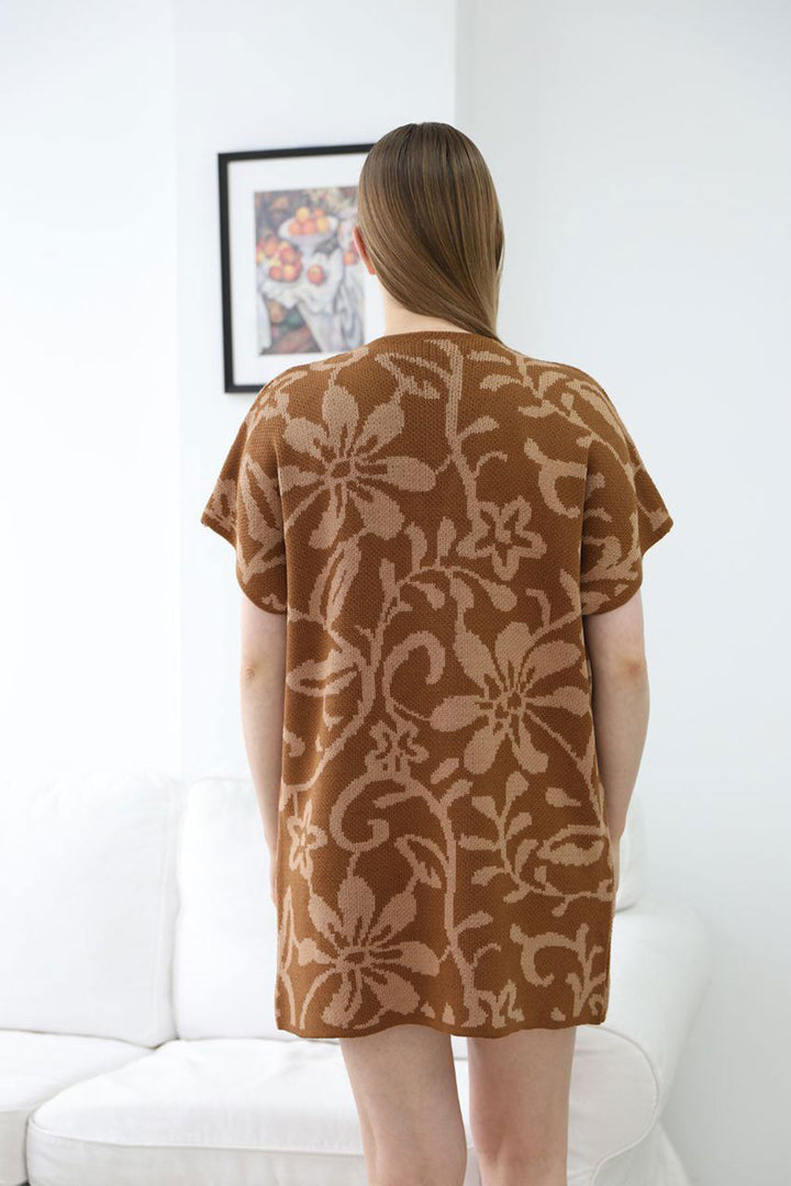 Cinnamon Coffee Half Sleeve Patterned Knit Cardigan BCES-252007 - Drogheda