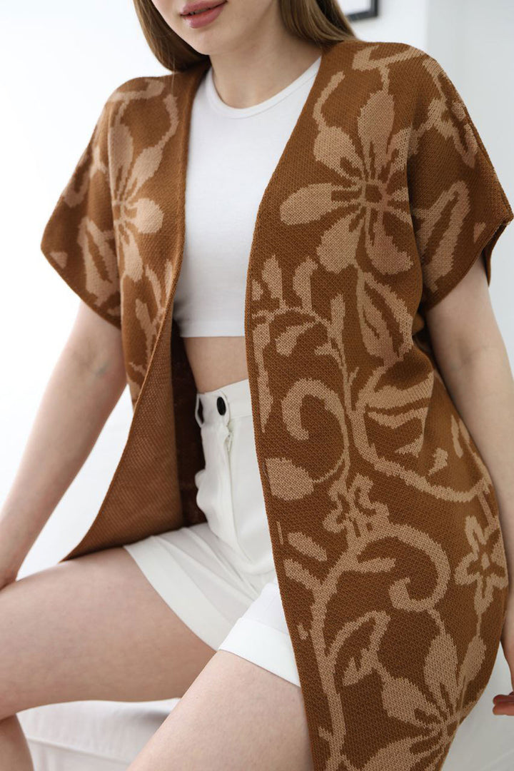 Cinnamon Coffee Half Sleeve Patterned Knit Cardigan BCES-252007 - Drogheda