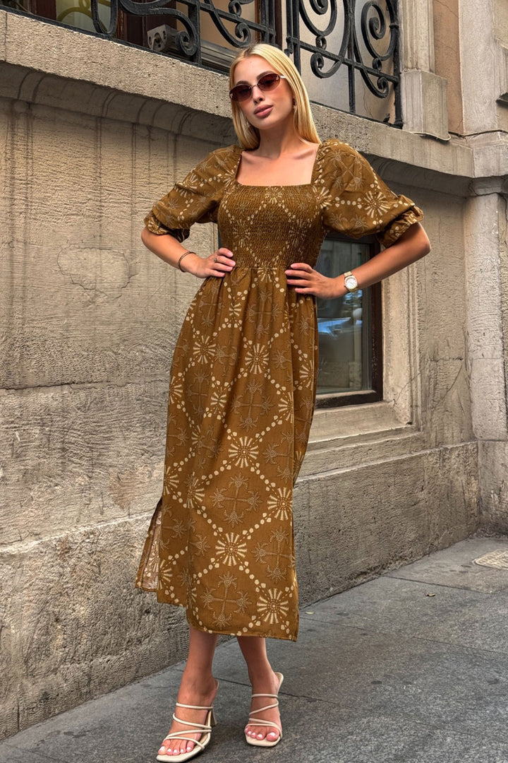 Cinnamon Square Neck Waist Flower Patterned Woven Summer Dress BCVL-25V095 - Pervomaisk