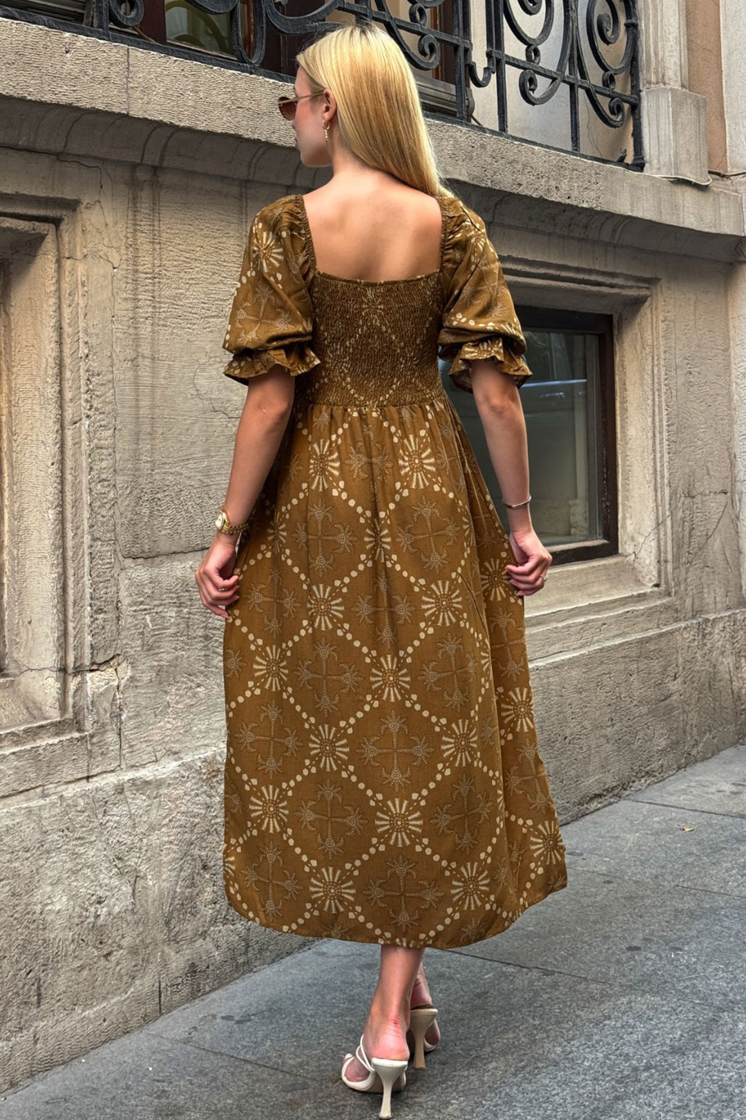 Cinnamon Square Neck Waist Flower Patterned Woven Summer Dress BCVL-25V095 - Pervomaisk
