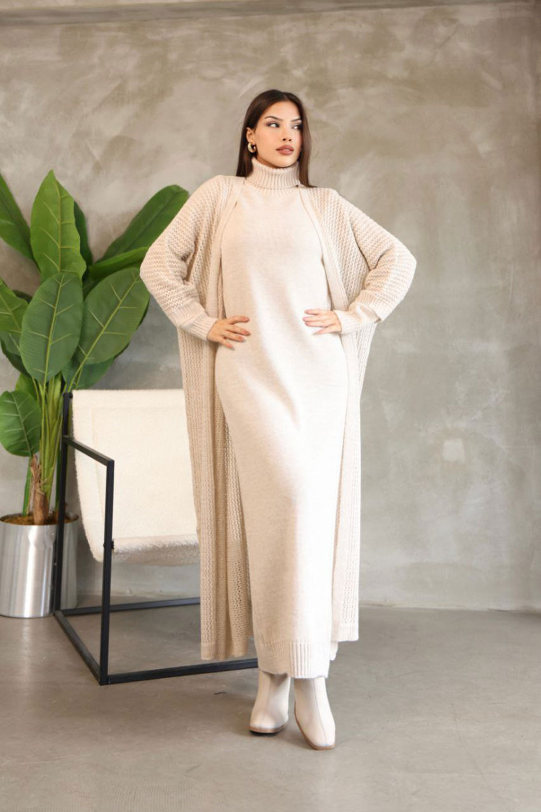 Stone Neck Long Sleeve Knit Dress and Long Cardigan Hijab Top Bottom Knit Set BCES-252039 - Bloomington