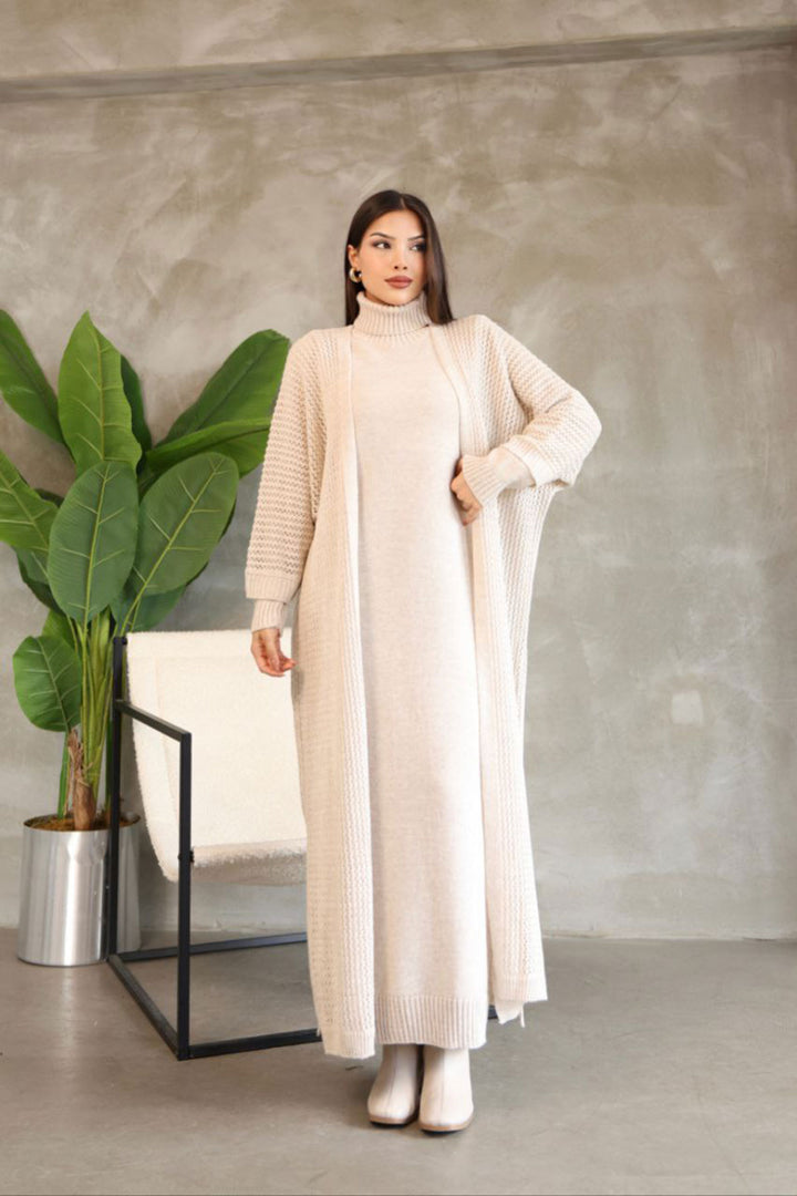 Stone Neck Long Sleeve Knit Dress and Long Cardigan Hijab Top Bottom Knit Set BCES-252039 - Bloomington