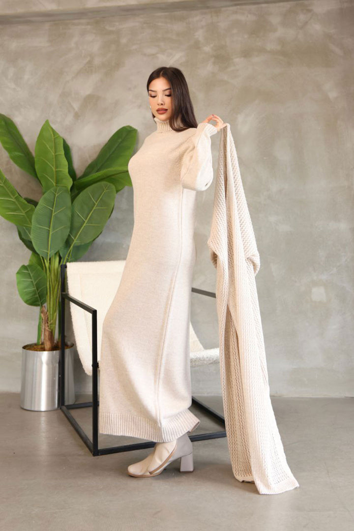 Stone Neck Long Sleeve Knit Dress and Long Cardigan Hijab Top Bottom Knit Set BCES-252039 - Bloomington