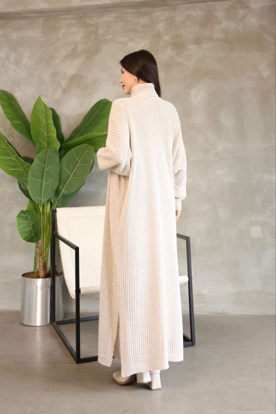 Stone Neck Long Sleeve Knit Dress and Long Cardigan Hijab Top Bottom Knit Set BCES-252039 - Bloomington