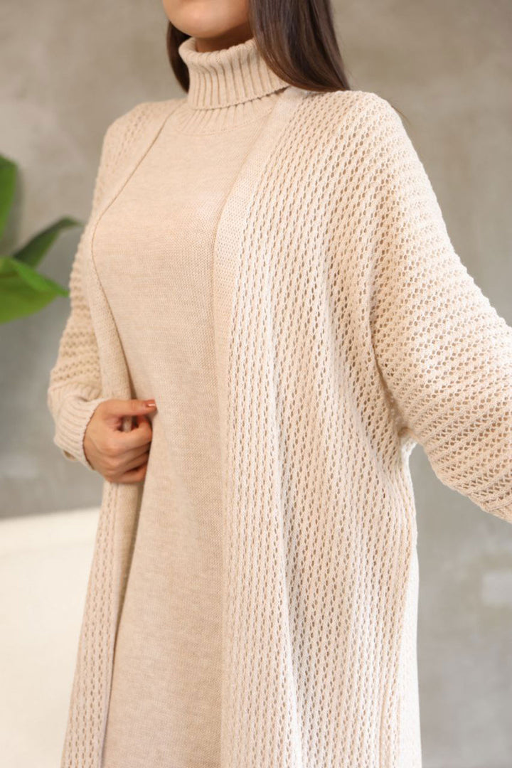 Stone Neck Long Sleeve Knit Dress and Long Cardigan Hijab Top Bottom Knit Set BCES-252039 - Bloomington