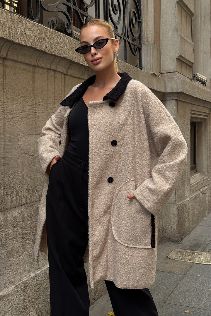 Stone Polo Neck Double Pocket Button Detail Boucle Jacket Coat BCVL-25V602 - Brossard