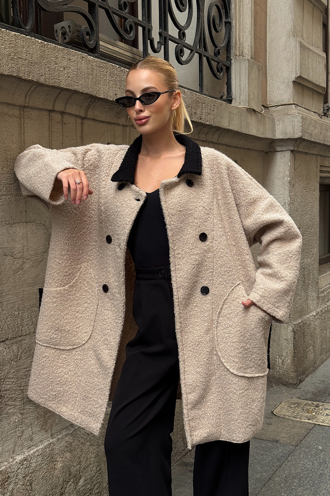Stone Polo Neck Double Pocket Button Detail Boucle Jacket Coat BCVL-25V602 - Brossard
