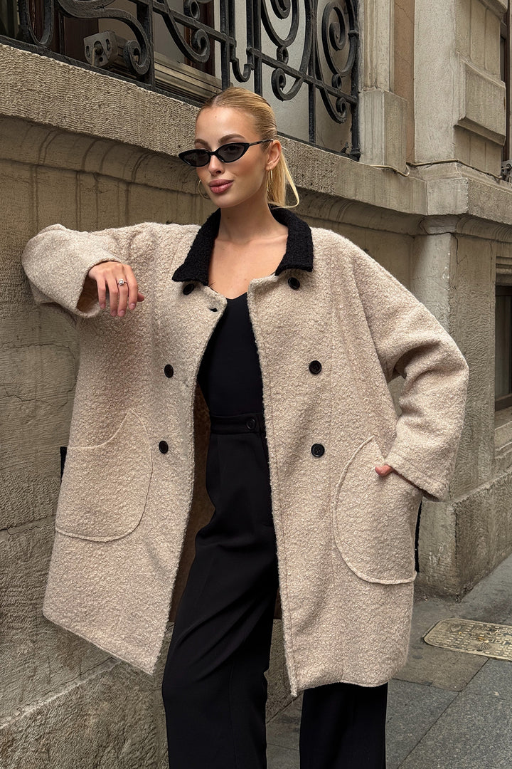 Stone Polo Neck Double Pocket Button Detail Boucle Jacket Coat BCVL-25V602 - Brossard
