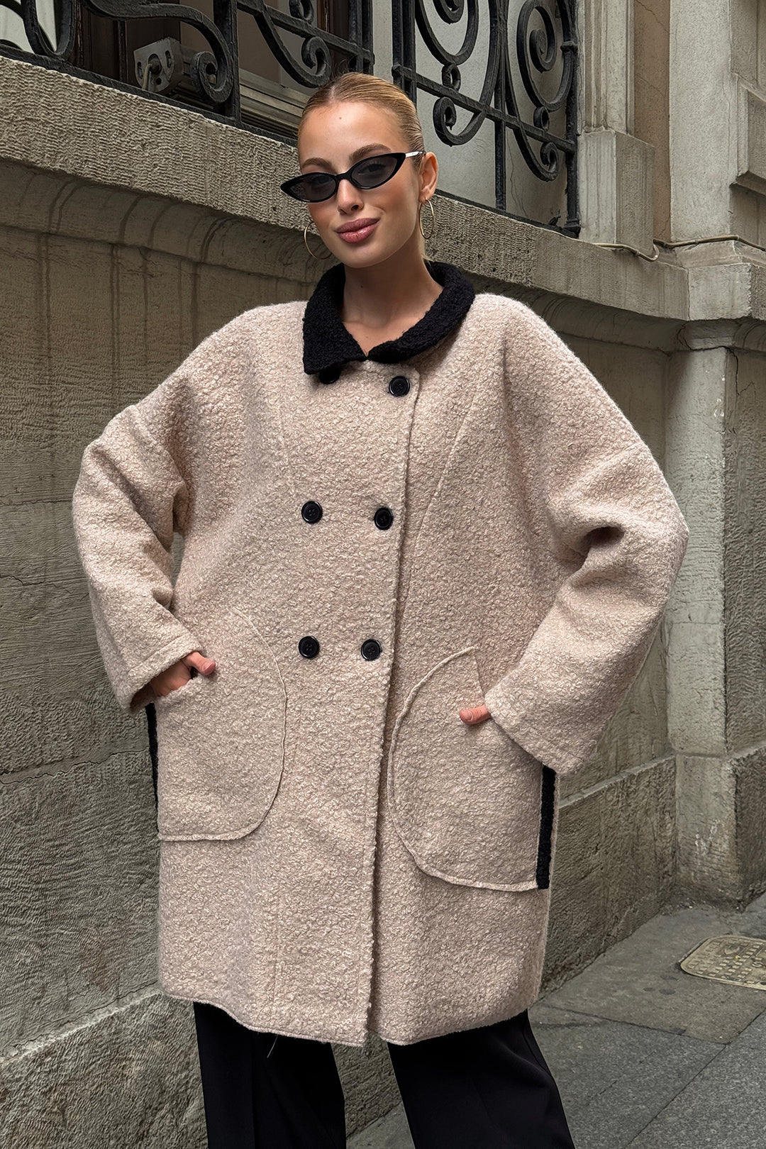 Stone Polo Neck Double Pocket Button Detail Boucle Jacket Coat BCVL-25V602 - Brossard