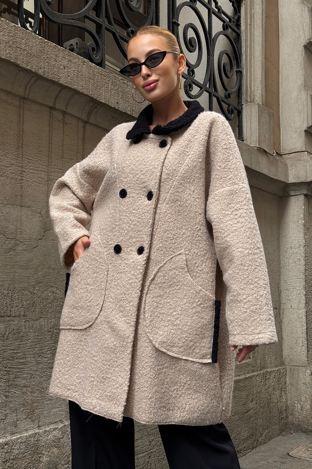 Stone Polo Neck Double Pocket Button Detail Boucle Jacket Coat BCVL-25V602 - Brossard