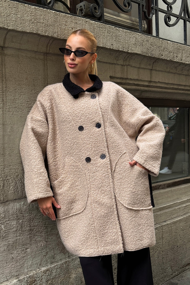 Stone Polo Neck Double Pocket Button Detail Boucle Jacket Coat BCVL-25V602 - Brossard