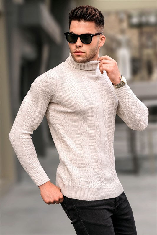 MDX Stone-Colored Patterned Fisherman Collar Sweater 5769 - Ahlen
