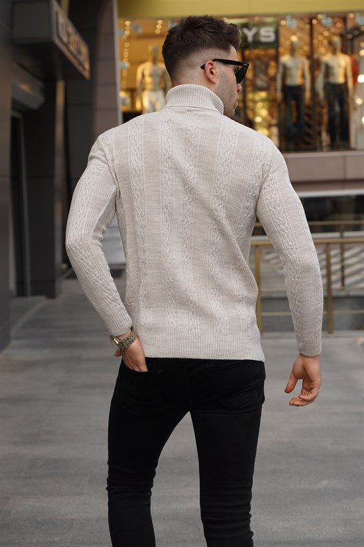 MDX Stone-Colored Patterned Fisherman Collar Sweater 5769 - Ahlen