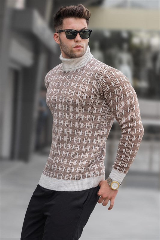 MDX Stone-Colored Patterned Fisherman Collar Sweater 5768 - Álimos