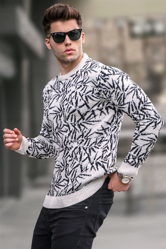 MDX Stone-Colored Patterned Crew Neck Sweater 5767 - Suharekë