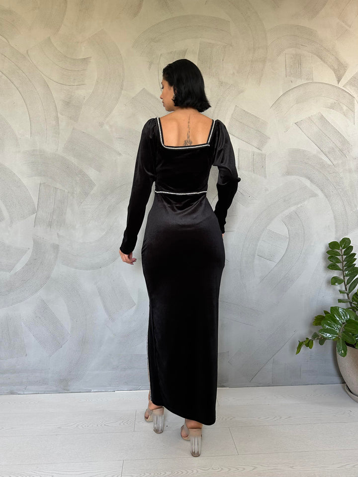 ELS Stone Striped Slit Velvet Dress - Black - Ciudad de Huajuapam de León