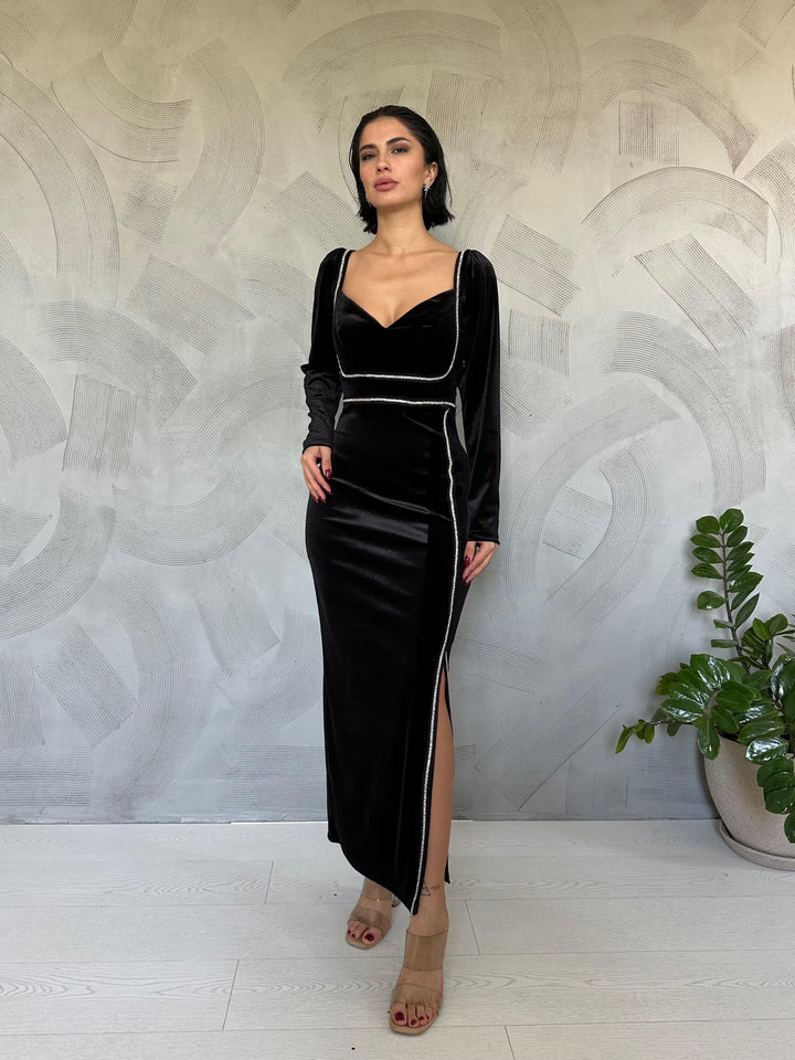 ELS Stone Striped Slit Velvet Dress - Black - Ciudad de Huajuapam de León
