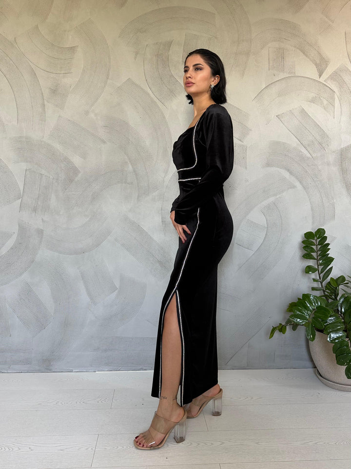 ELS Stone Striped Slit Velvet Dress - Black - Ciudad de Huajuapam de León
