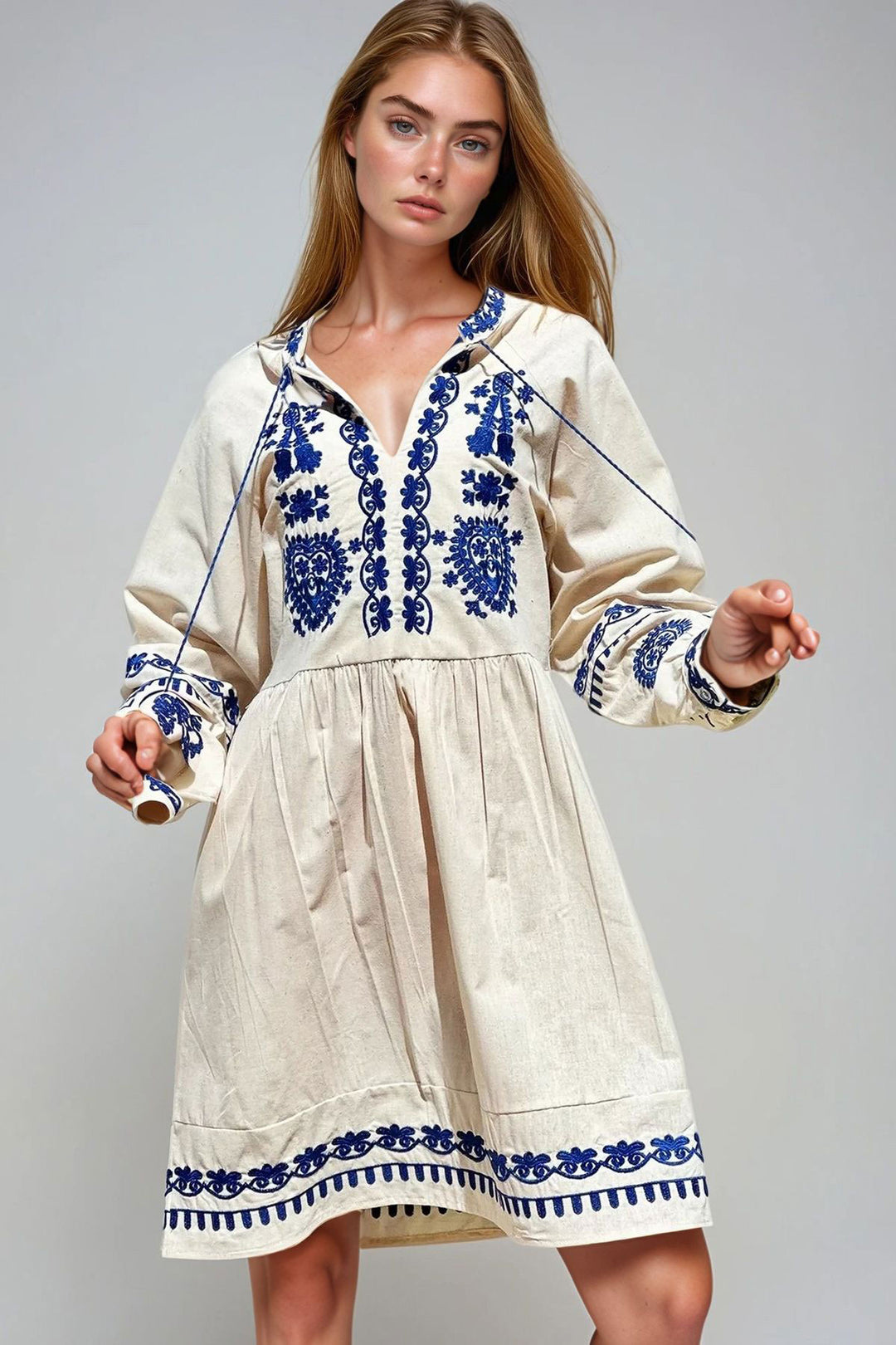 Stone V-Neck Embroidered Linen Dress BCHESQ-251055 - Châtenay-Malabry