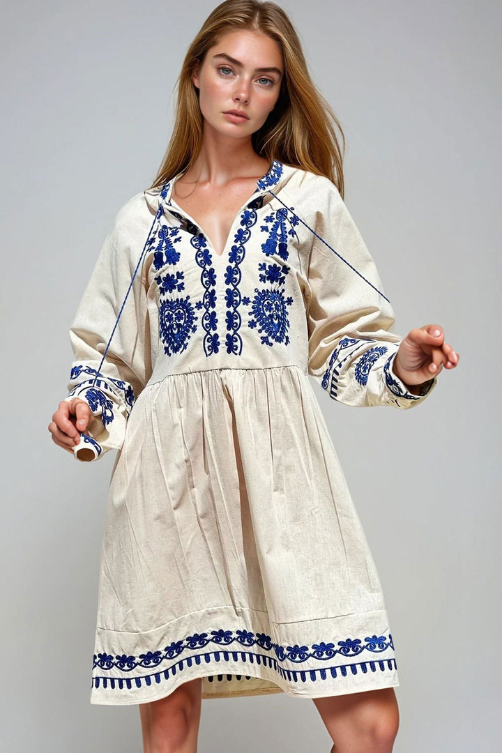 Stone V-Neck Embroidered Linen Dress BCHESQ-251055 - Châtenay-Malabry