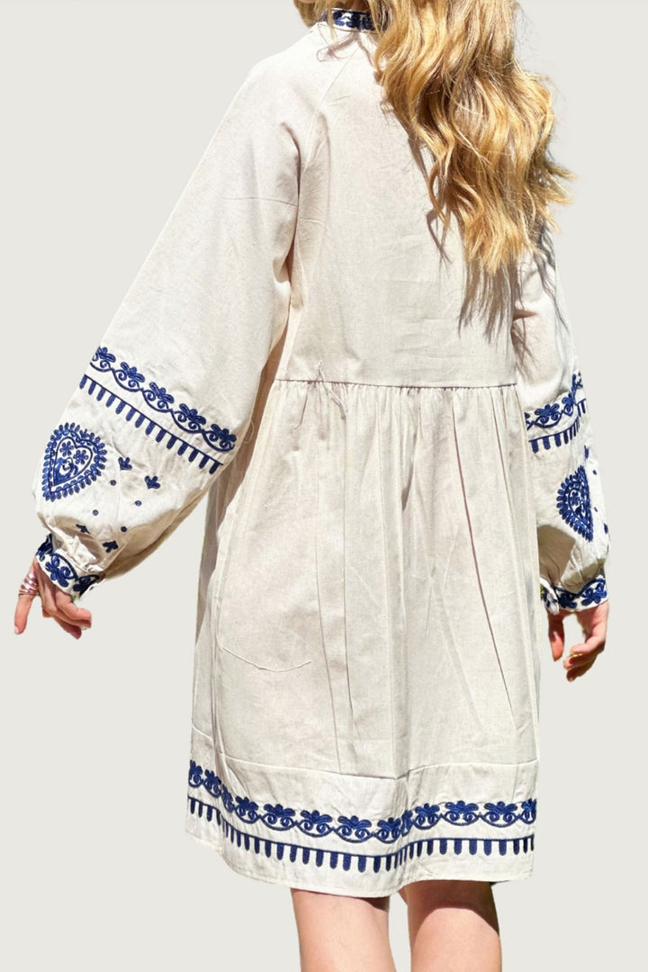 Stone V-Neck Embroidered Linen Dress BCHESQ-251055 - Châtenay-Malabry