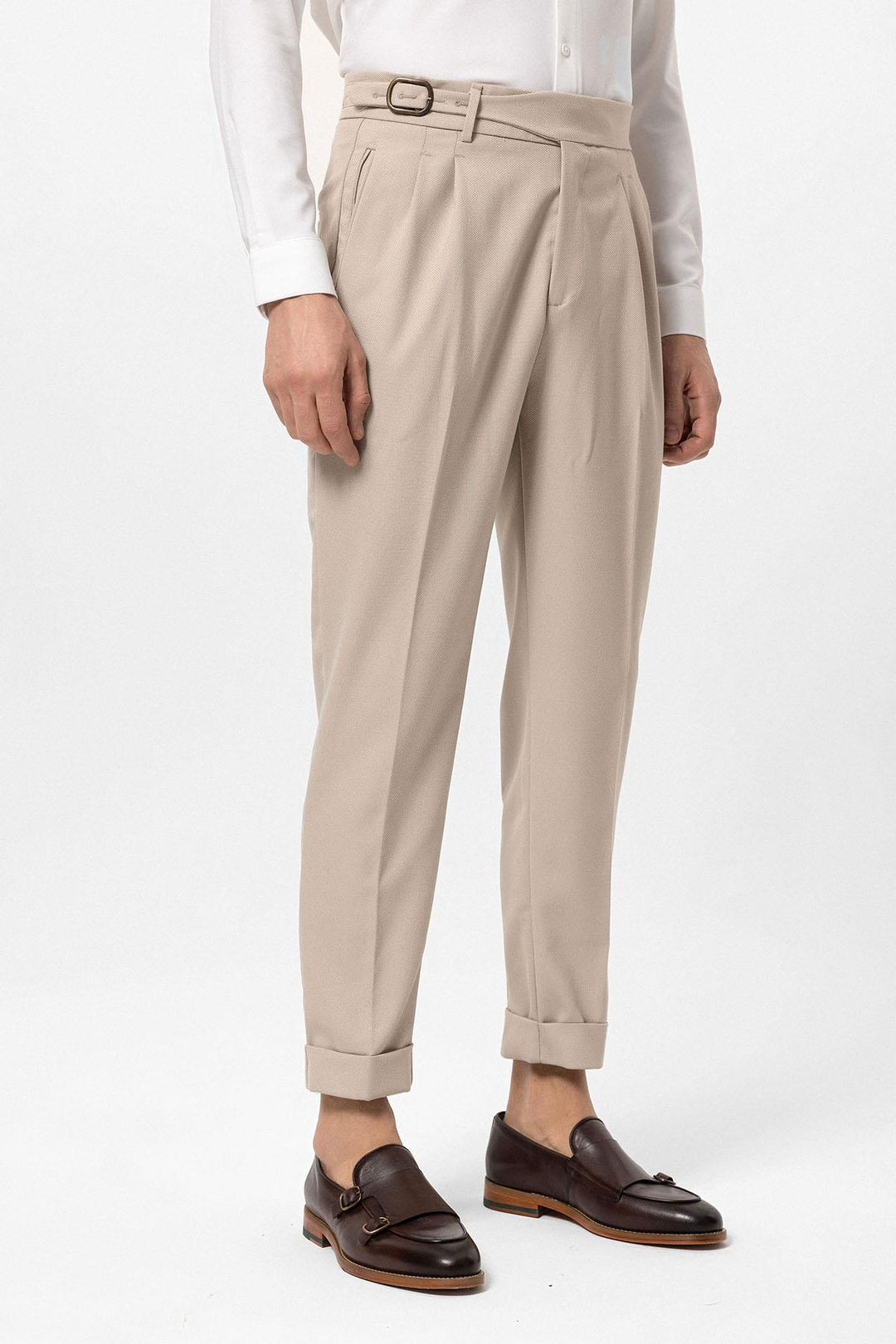 ANT Antioch Stone High Waist Pleated Buckle Detailed Men's Pants - Novi