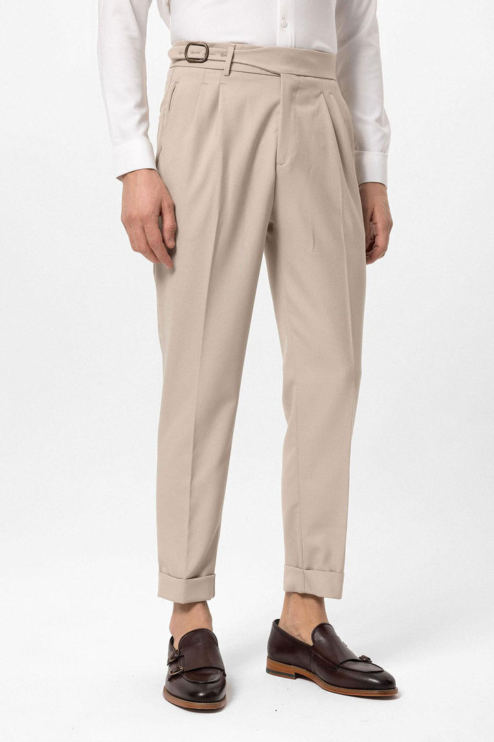 ANT Antioch Stone High Waist Pleated Buckle Detailed Men's Pants - Novi