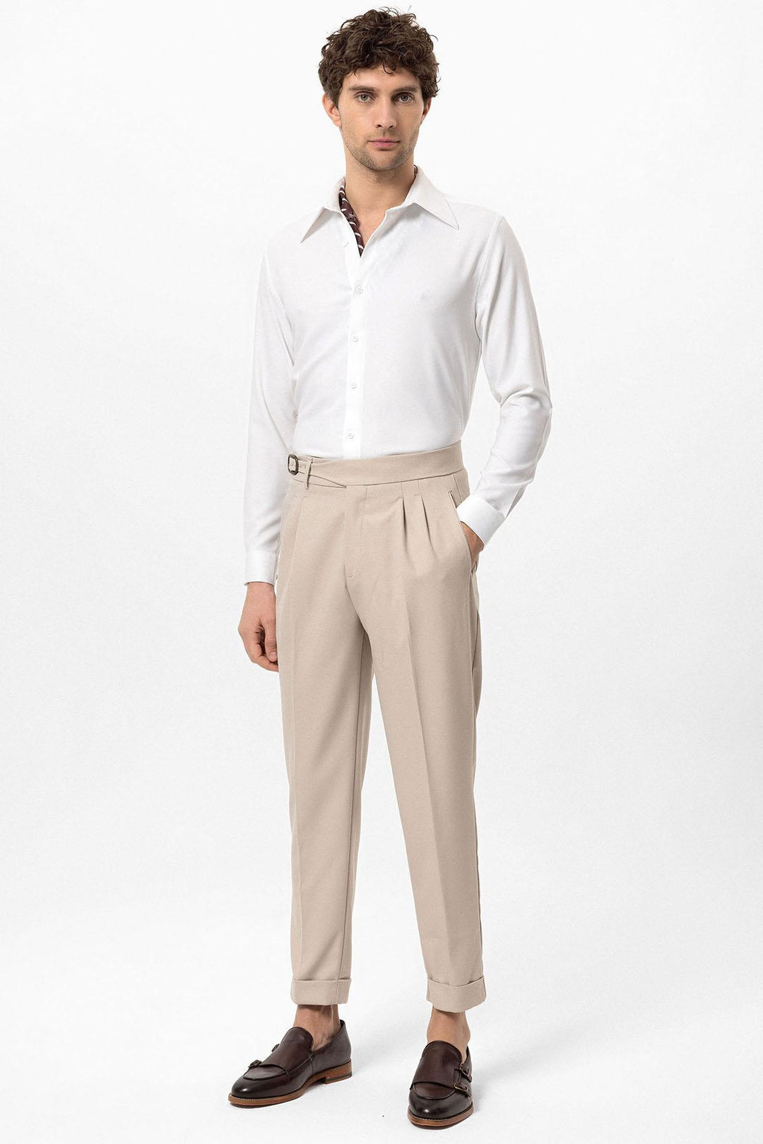ANT Antioch Stone High Waist Pleated Buckle Detailed Men's Pants - Novi