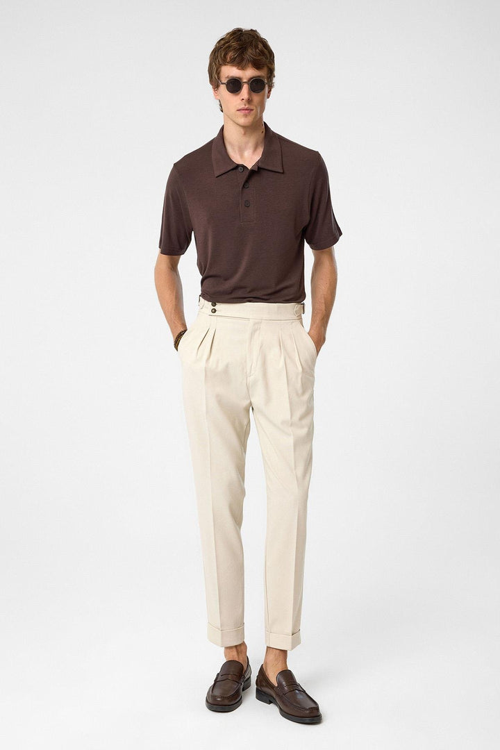 ANT Antioch Stone High Waist Side Buckle Pleated Fabric Pants - Lubny