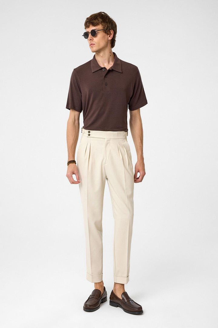 ANT Antioch Stone High Waist Side Buckle Pleated Fabric Pants - Lubny